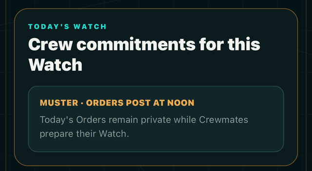 THE HELM's Today's Watch panel explaining that Crew commitments post at noon while Crewmates prepare their Watch.