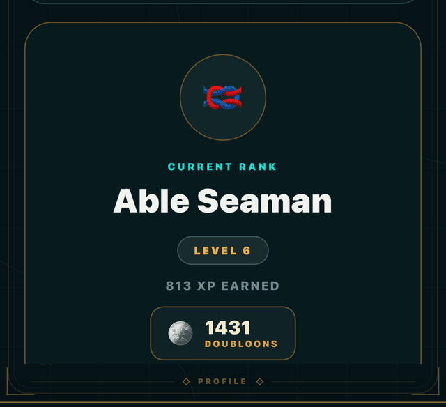 THE HELM's Career panel showing the current rank Able Seaman, Level 6, 813 XP earned and 1,431 Doubloons.